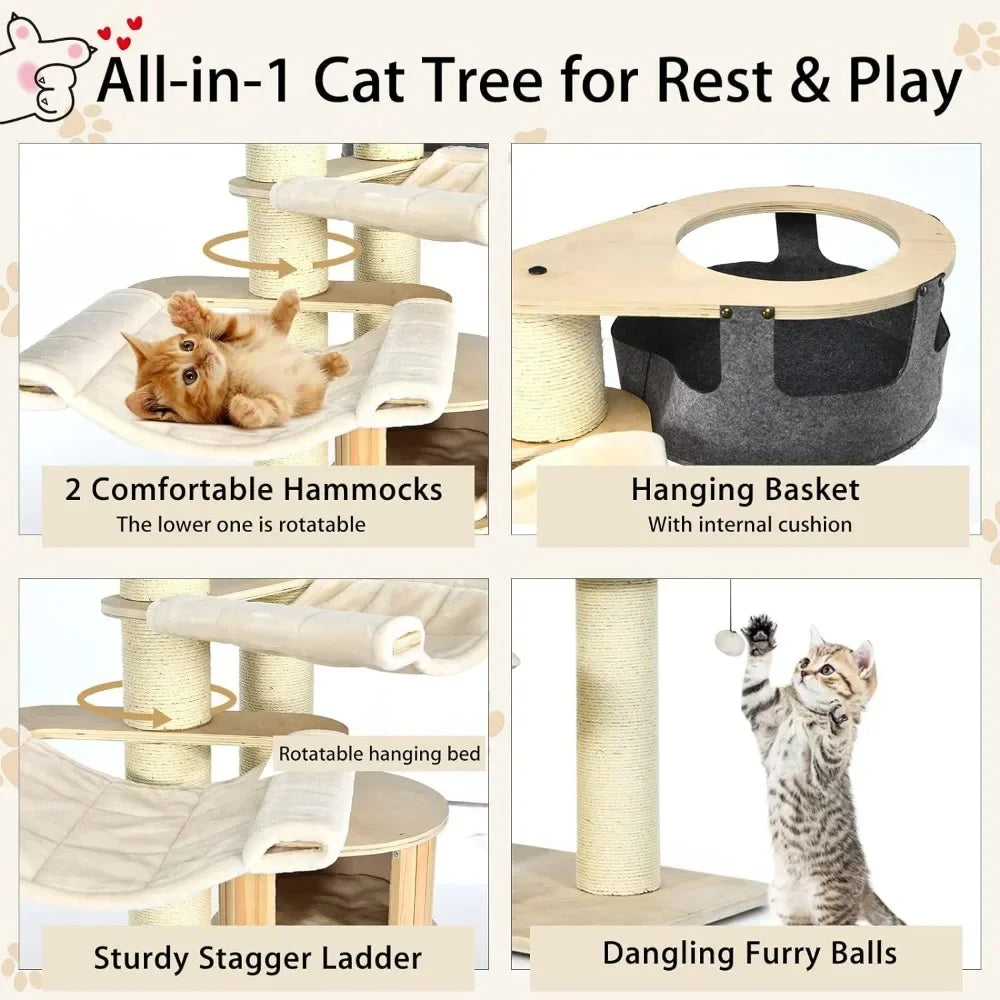 Large Cat Tree, Multi-Level Tall Cat Tower with Sisal Scratching Posts, Removable Washable Cushions, Modern Wood Cat Tree
