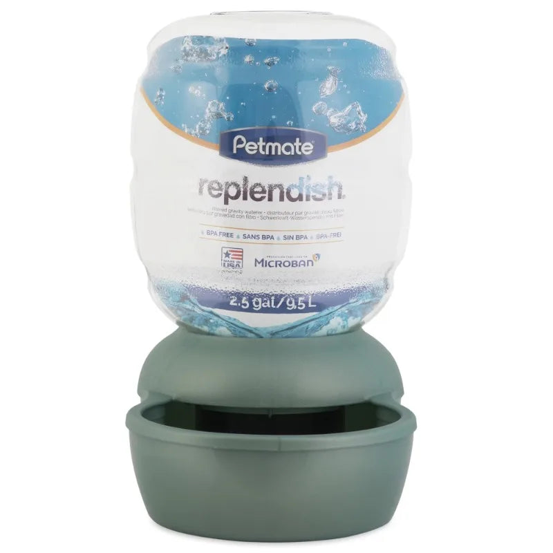 Replendish Gravity Pet Waterer with Microban for Cats and Dogs 2.5 Gallons Green Automatic Water Bowl Keep It Fresh Easy to fill