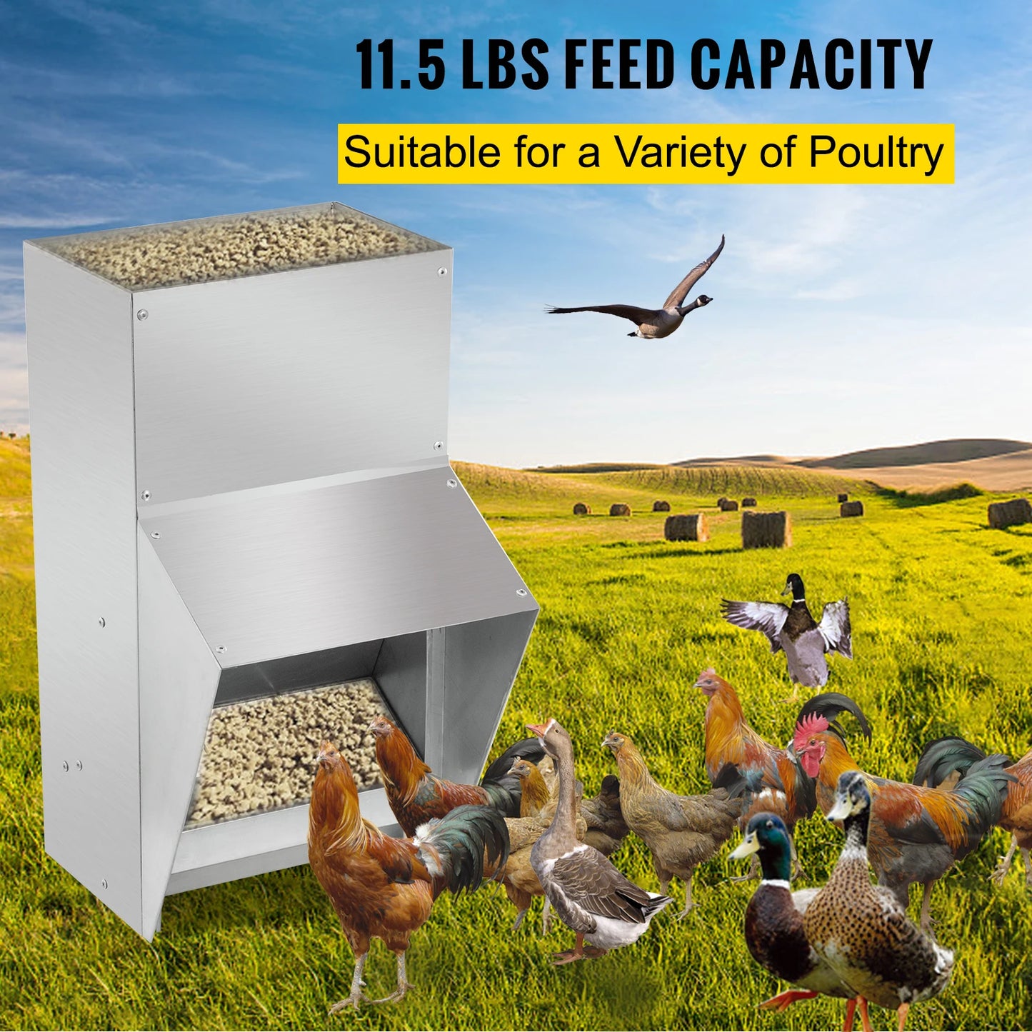 VEVOR Sturdy Galvanized Steel Poultry Feeder Premium Chicken Feeder No Waste 11.5/25/30/50lbs Metal Feeder for Chickens and Quails