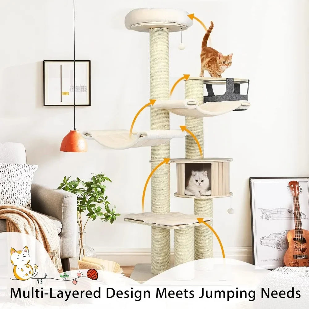Large Cat Tree, Multi-Level Tall Cat Tower with Sisal Scratching Posts, Removable Washable Cushions, Modern Wood Cat Tree