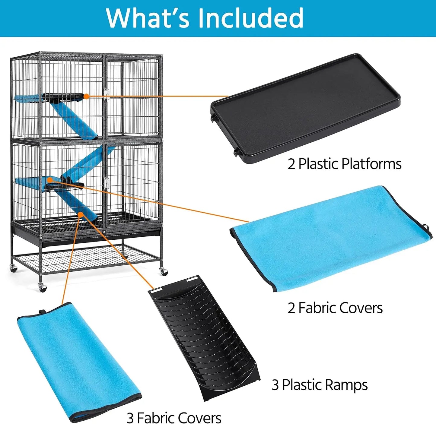 54'' Rolling Ferret Cage Large 4-Tiers Chinchilla Cage Small Animal Cage for Adult Rats/Guinea Pigs/Chinchilla/Sugar Glider