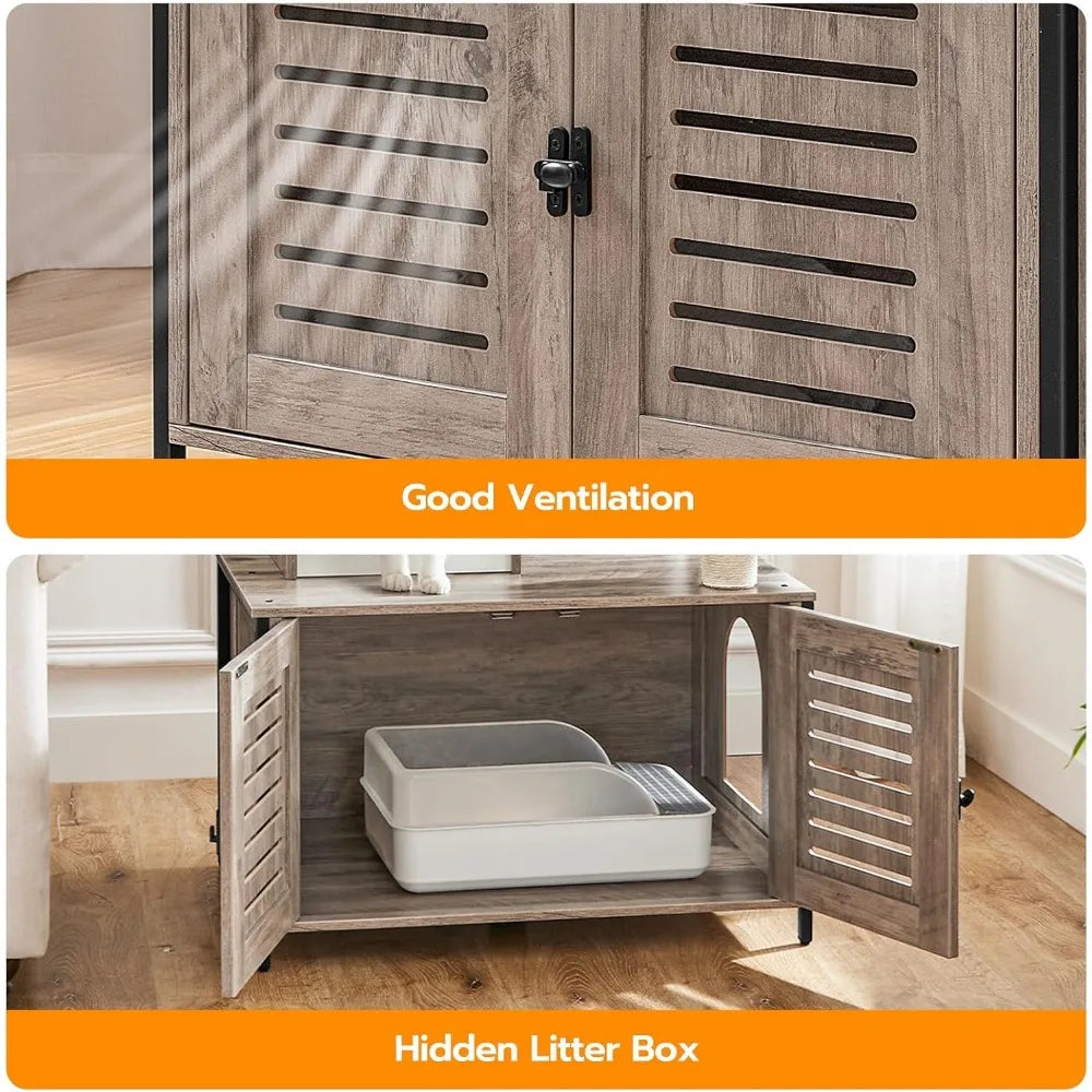 Cat Tree with Litter Box Enclosure & Scratching Posts for Indoor Cats, All-in-One Wooden Cat House Furniture