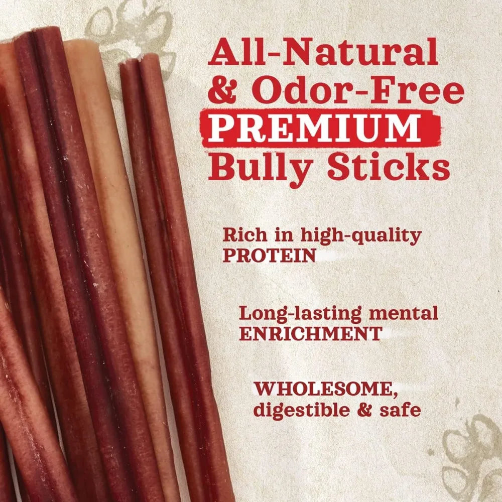 Odor-Free Bully Sticks (6 Inch, 25 Pack), 1.3 lb. Bag, Fully Digestible 100% Beef Pizzle Chews, Grass-Fed, Non-GMO, Grain-Free