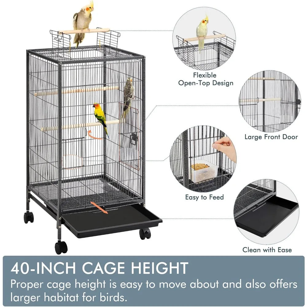 Metal 52" Large Rolling Bird Cage with 3 Perches and 4 Feeders, Black