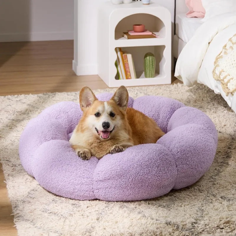 Calming Large Dog Bed - Flower Donut Round Fluffy Puppy Bed in Plush Teddy Sherpa, Non-Slip Cute Flower Dog Beds