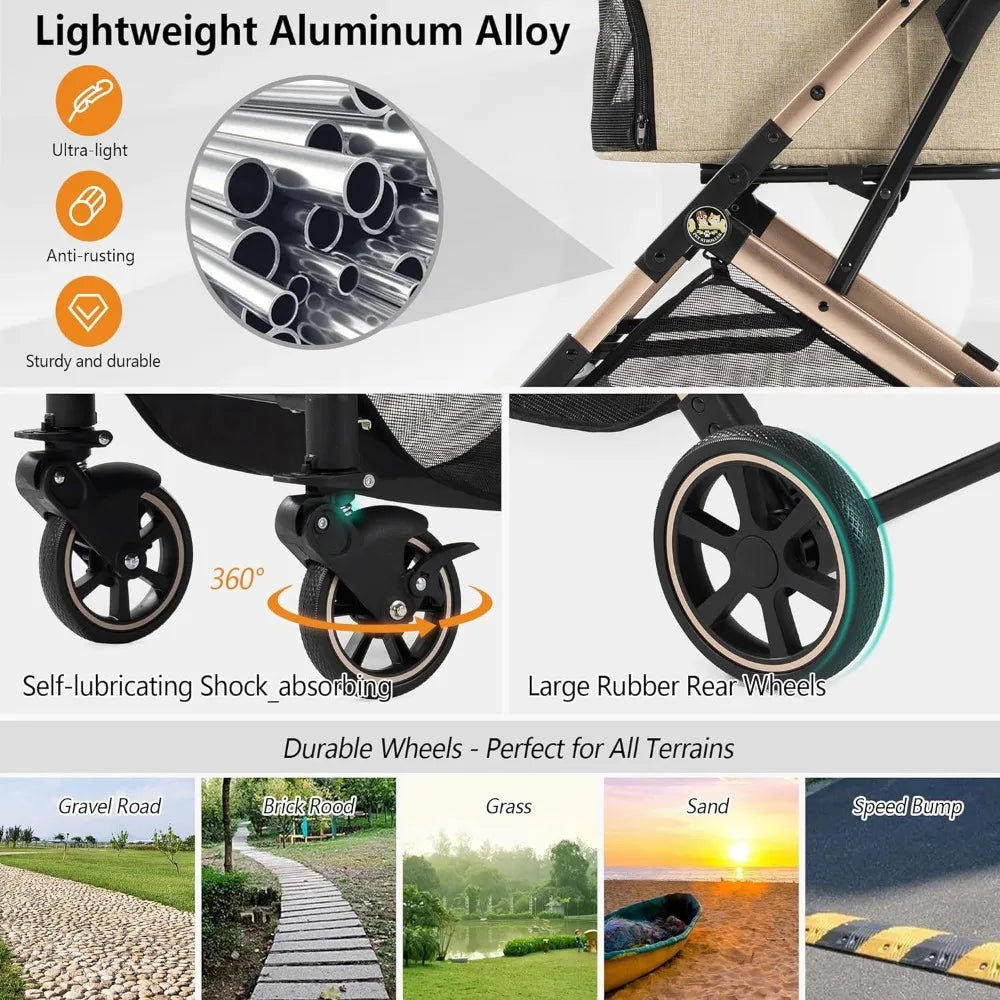 3-in-1 pet stroller, suitable for small and medium-sized dogs, puppies, and cats, with detachable carrier and cushion