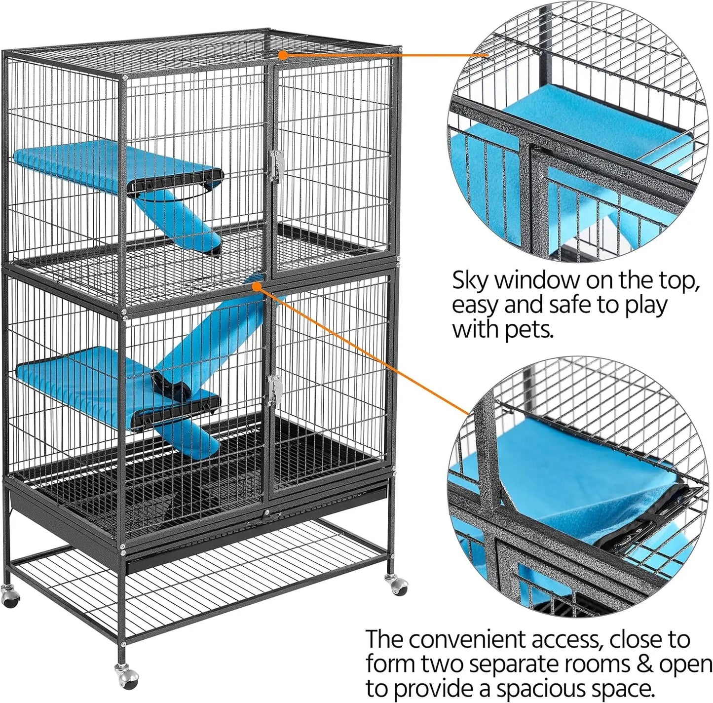 54'' Rolling Ferret Cage Large 4-Tiers Chinchilla Cage Small Animal Cage for Adult Rats/Guinea Pigs/Chinchilla/Sugar Glider