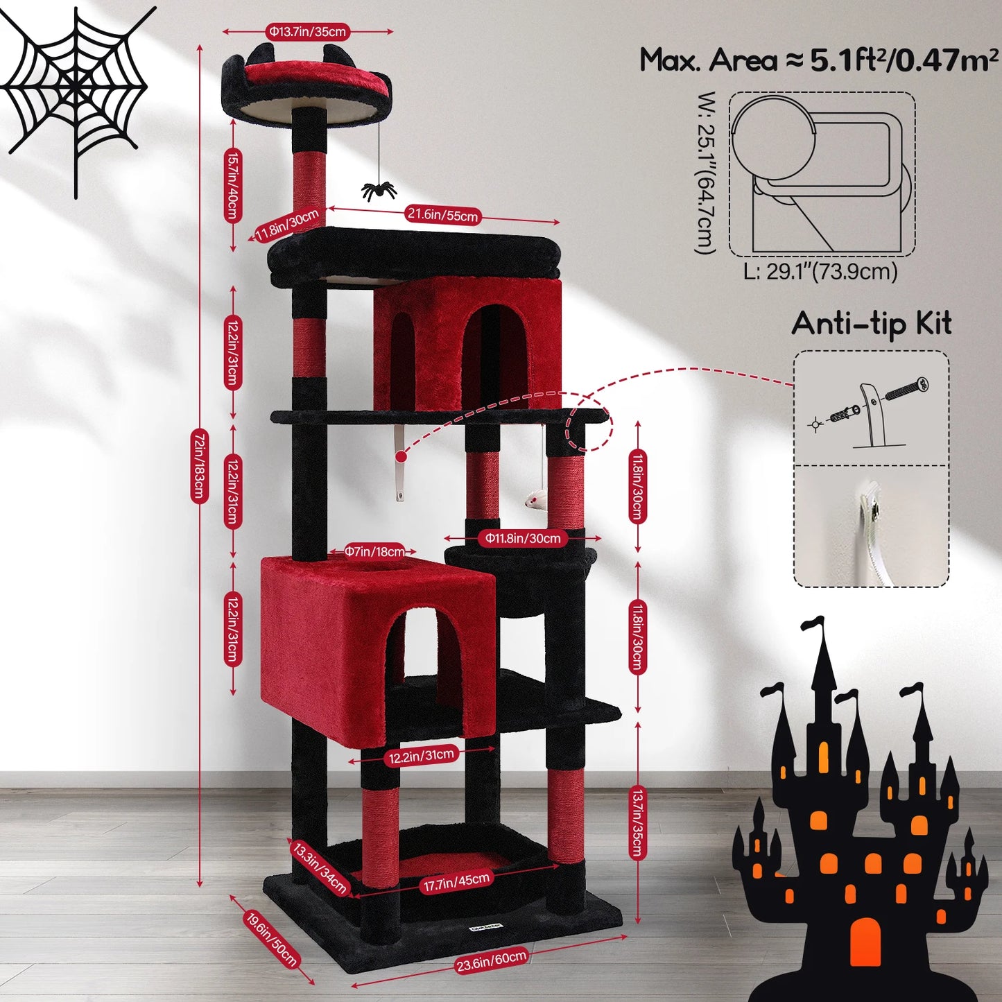 S72 Heavy Duty Gothic Cat Tree for Large Cats, Sturdy 72in Maine Coon Cat Tree for Large Cats 20 lbs+ Heavy Duty Cat Tower