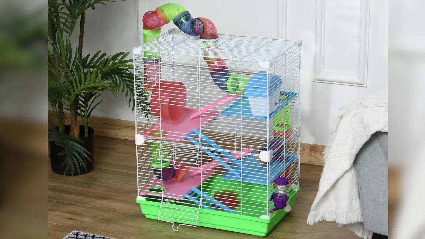 Hamster Habitat Rat Gerbil Cage with Portable Carry Handle, Water Bottle, Wheel