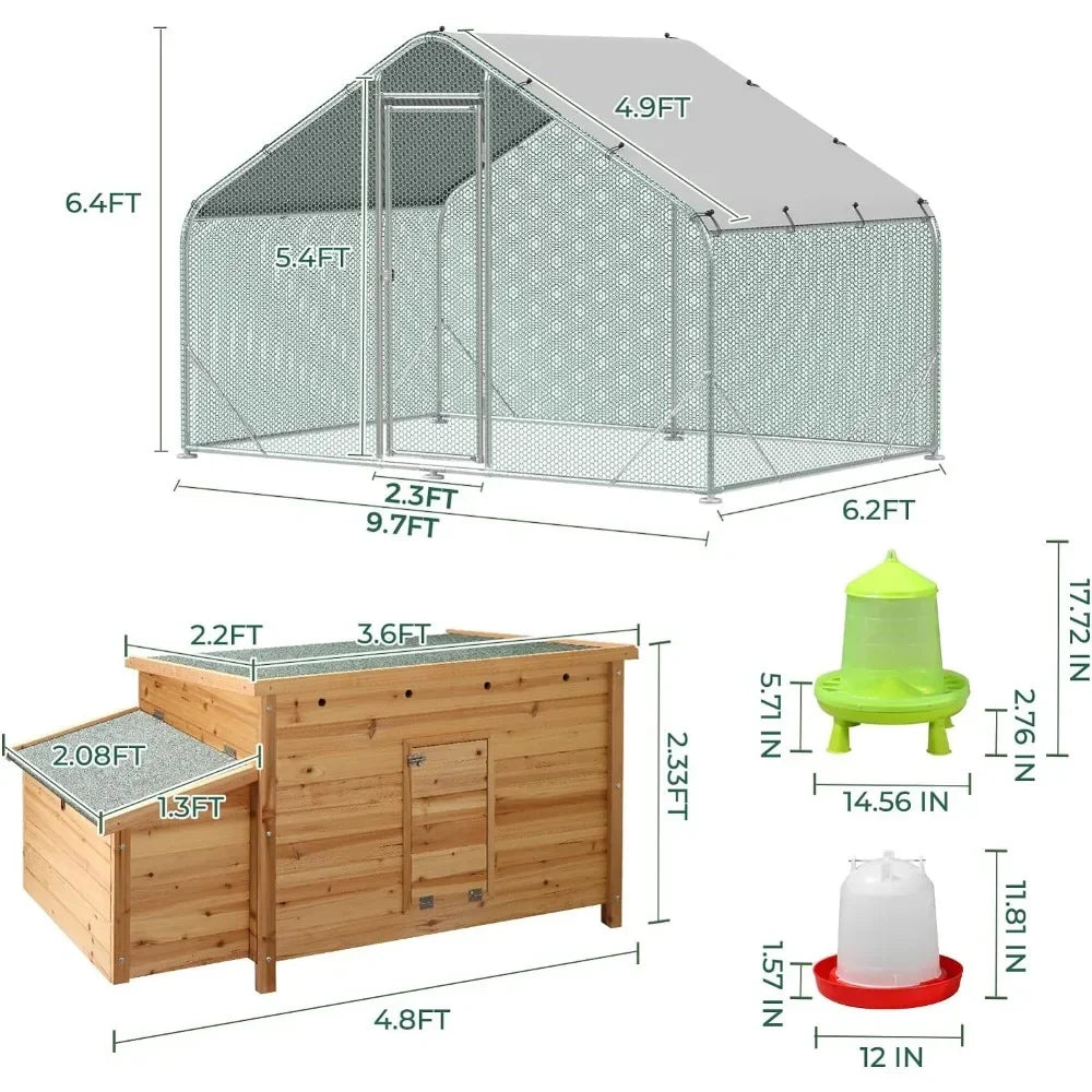 10x6FT Metal Chicken Coop with Hen House & Feed Bucket, Walk-in Poultry Cage Chicken Runs with Roof Cover .