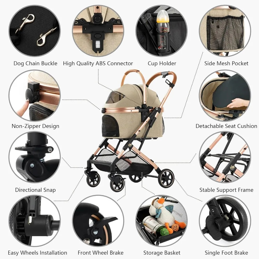 3-in-1 pet stroller, suitable for small and medium-sized dogs, puppies, and cats, with detachable carrier and cushion