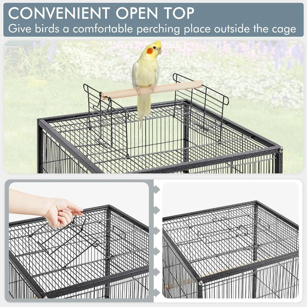 Metal 52" Large Rolling Bird Cage with 3 Perches and 4 Feeders, Black