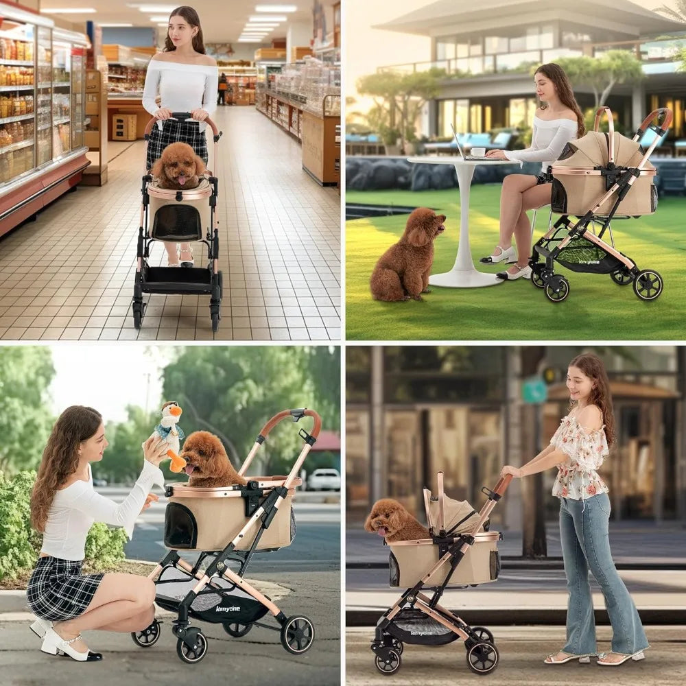 3-in-1 pet stroller, suitable for small and medium-sized dogs, puppies, and cats, with detachable carrier and cushion