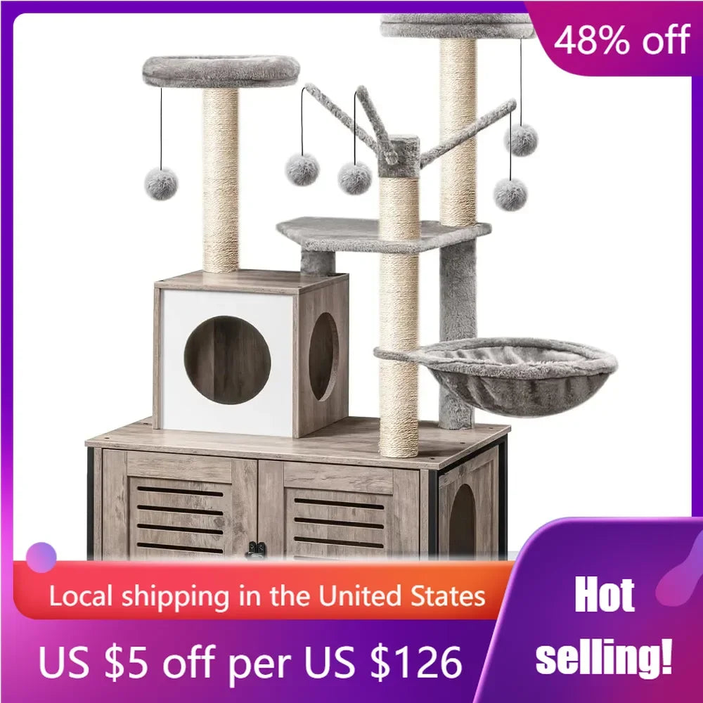 Cat Tree with Litter Box Enclosure & Scratching Posts for Indoor Cats, All-in-One Wooden Cat House Furniture