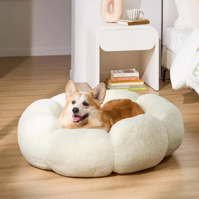 Calming Large Dog Bed - Flower Donut Round Fluffy Puppy Bed in Plush Teddy Sherpa, Non-Slip Cute Flower Dog Beds