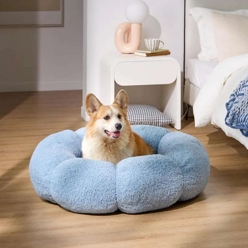 Calming Large Dog Bed - Flower Donut Round Fluffy Puppy Bed in Plush Teddy Sherpa, Non-Slip Cute Flower Dog Beds