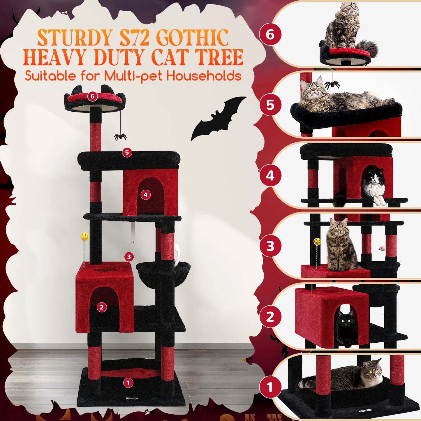 S72 Heavy Duty Gothic Cat Tree for Large Cats, Sturdy 72in Maine Coon Cat Tree for Large Cats 20 lbs+ Heavy Duty Cat Tower