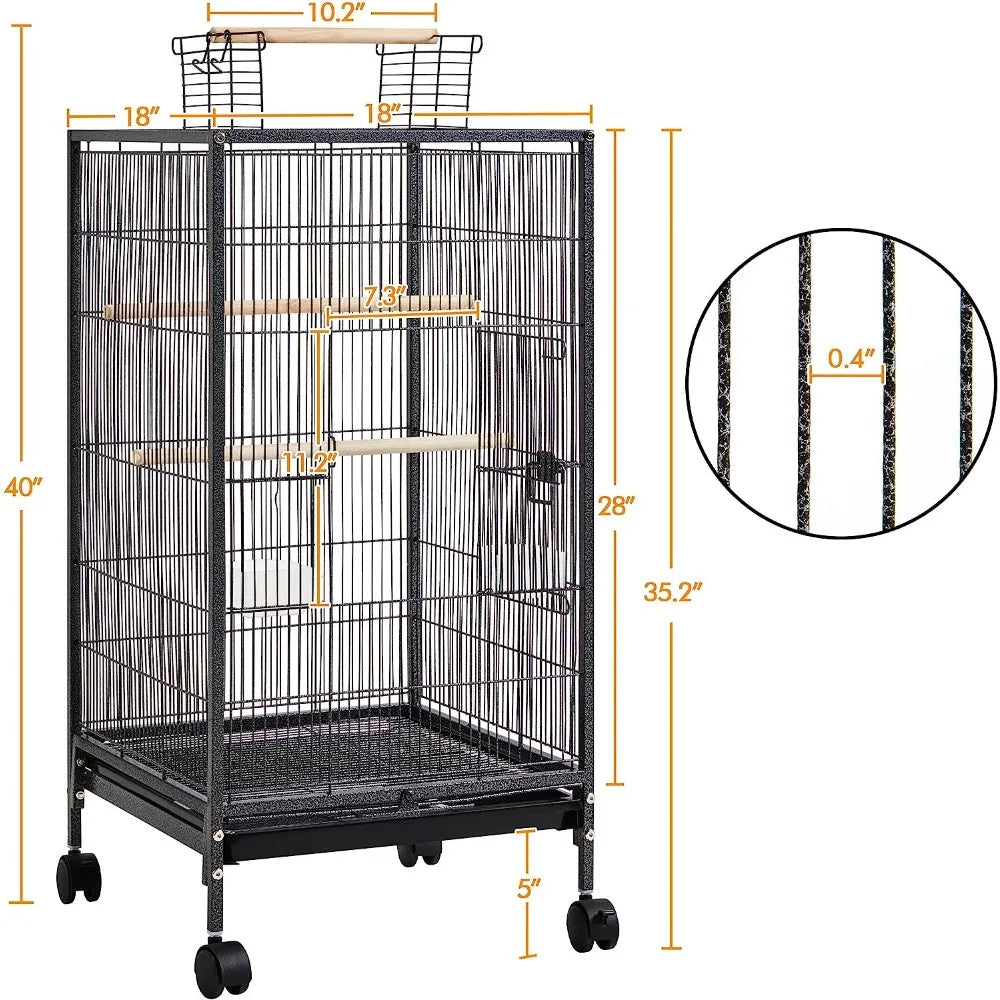 Metal 52" Large Rolling Bird Cage with 3 Perches and 4 Feeders, Black