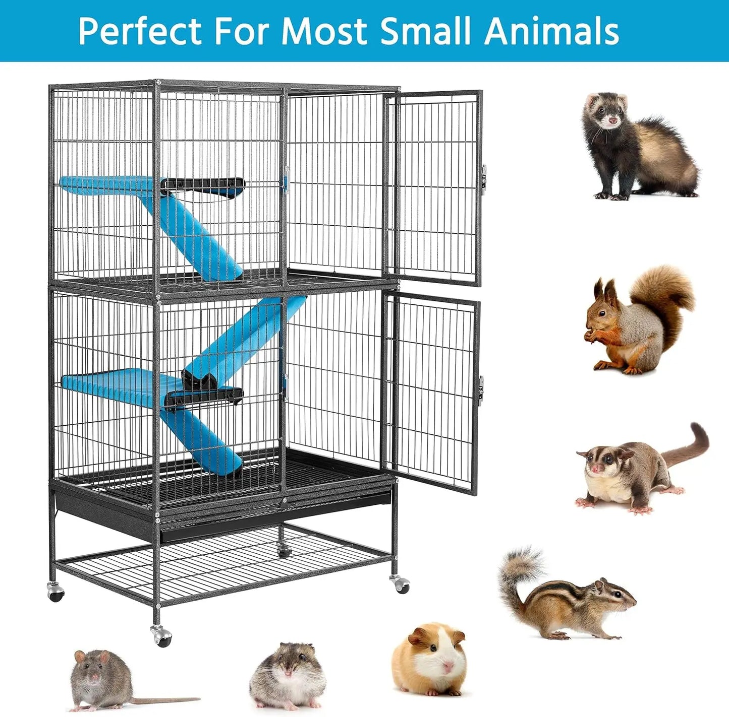 54'' Rolling Ferret Cage Large 4-Tiers Chinchilla Cage Small Animal Cage for Adult Rats/Guinea Pigs/Chinchilla/Sugar Glider