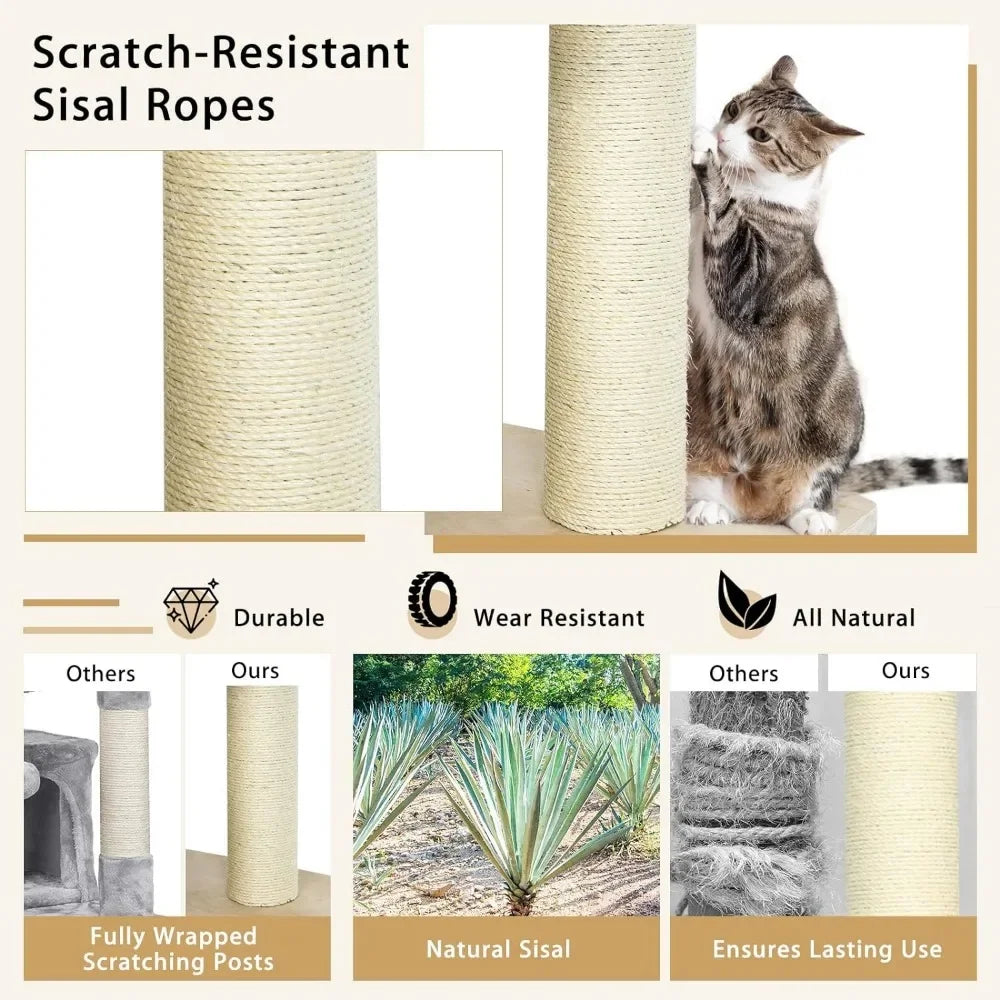 Large Cat Tree, Multi-Level Tall Cat Tower with Sisal Scratching Posts, Removable Washable Cushions, Modern Wood Cat Tree