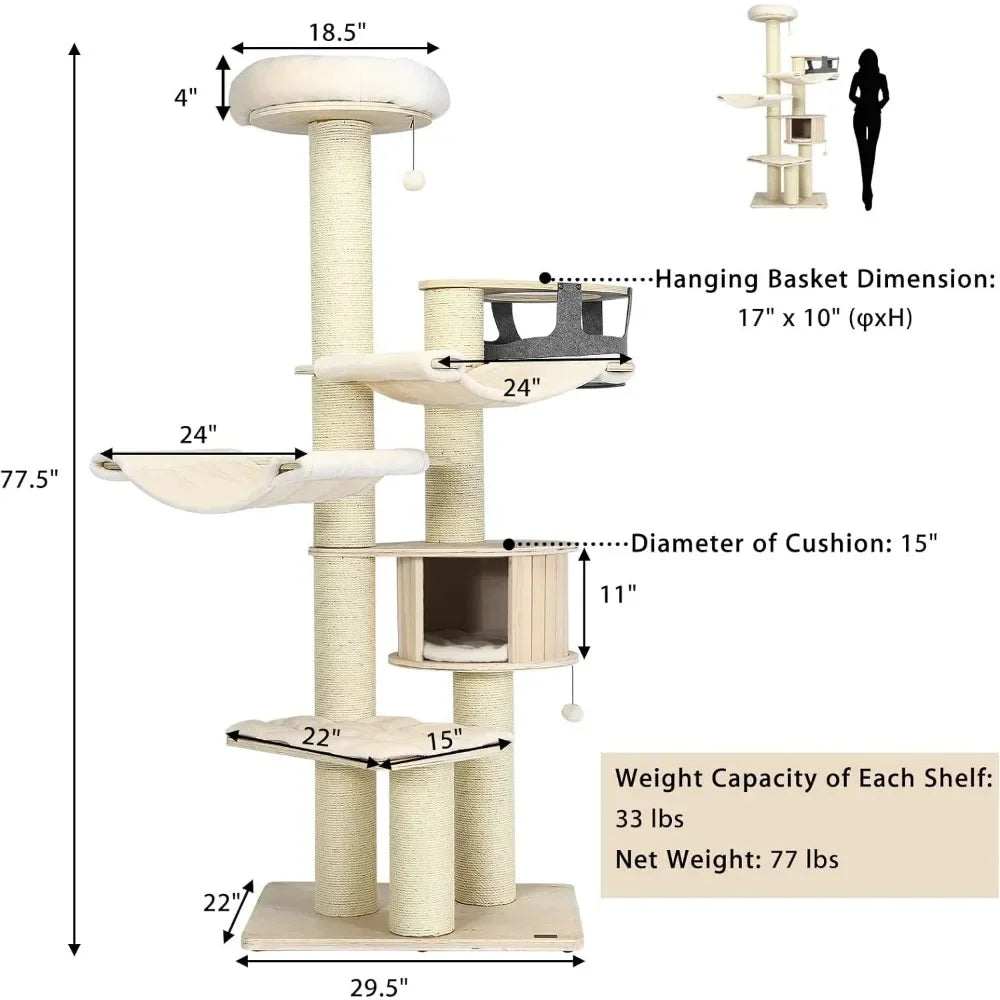 Large Cat Tree, Multi-Level Tall Cat Tower with Sisal Scratching Posts, Removable Washable Cushions, Modern Wood Cat Tree