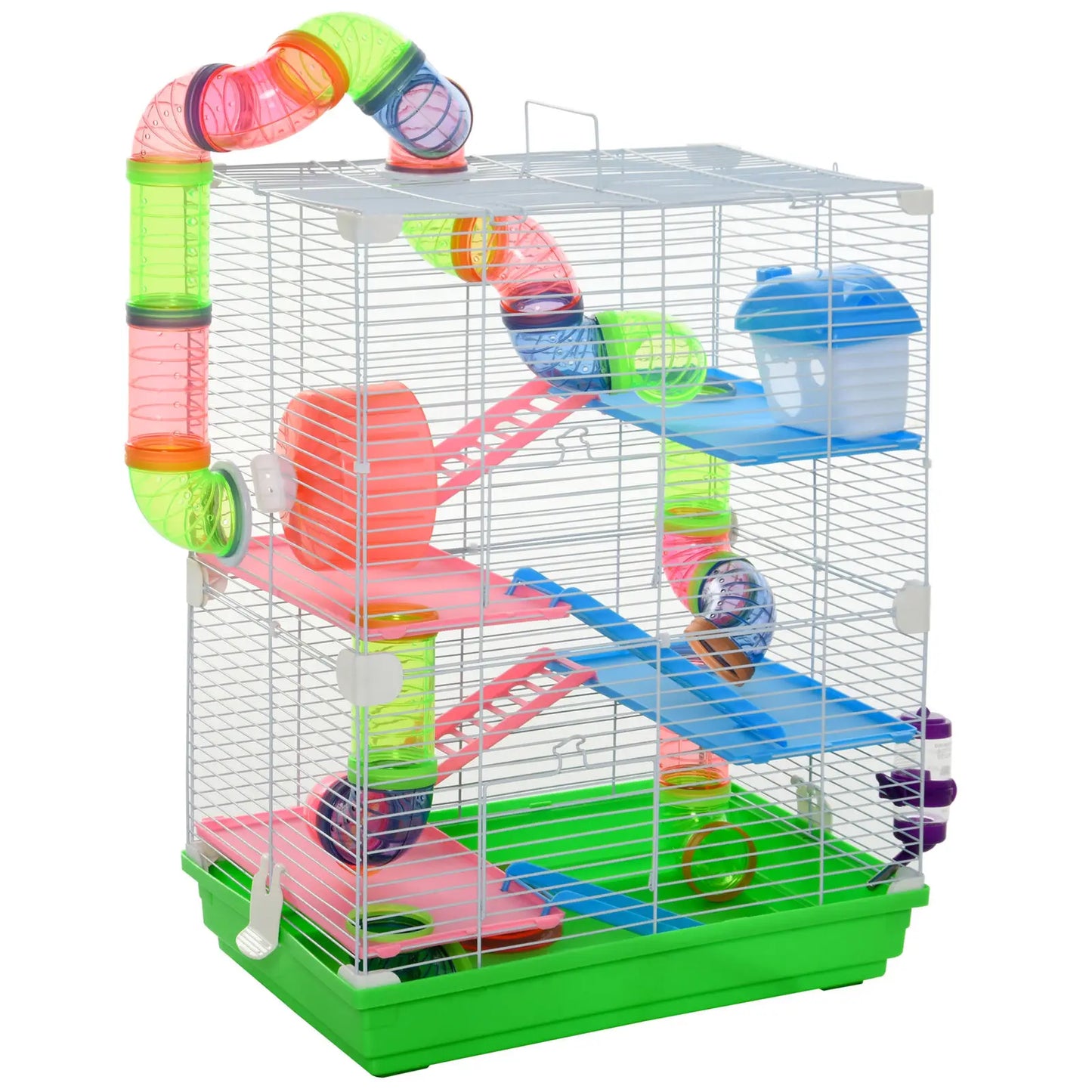 Hamster Habitat Rat Gerbil Cage with Portable Carry Handle, Water Bottle, Wheel