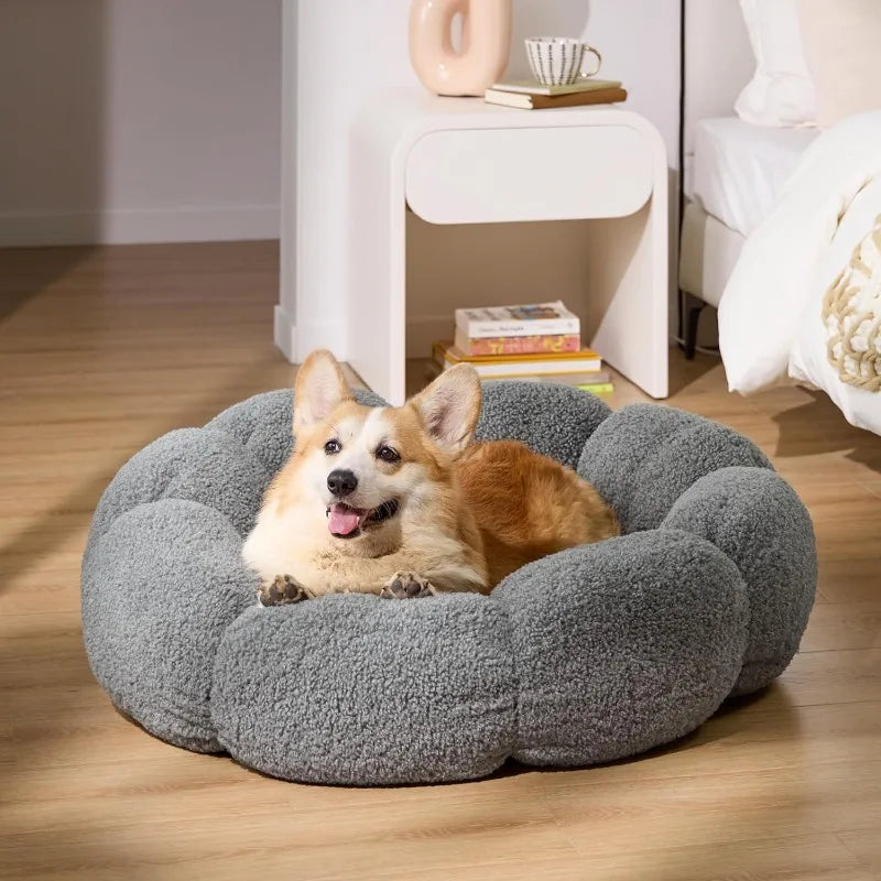 Calming Large Dog Bed - Flower Donut Round Fluffy Puppy Bed in Plush Teddy Sherpa, Non-Slip Cute Flower Dog Beds