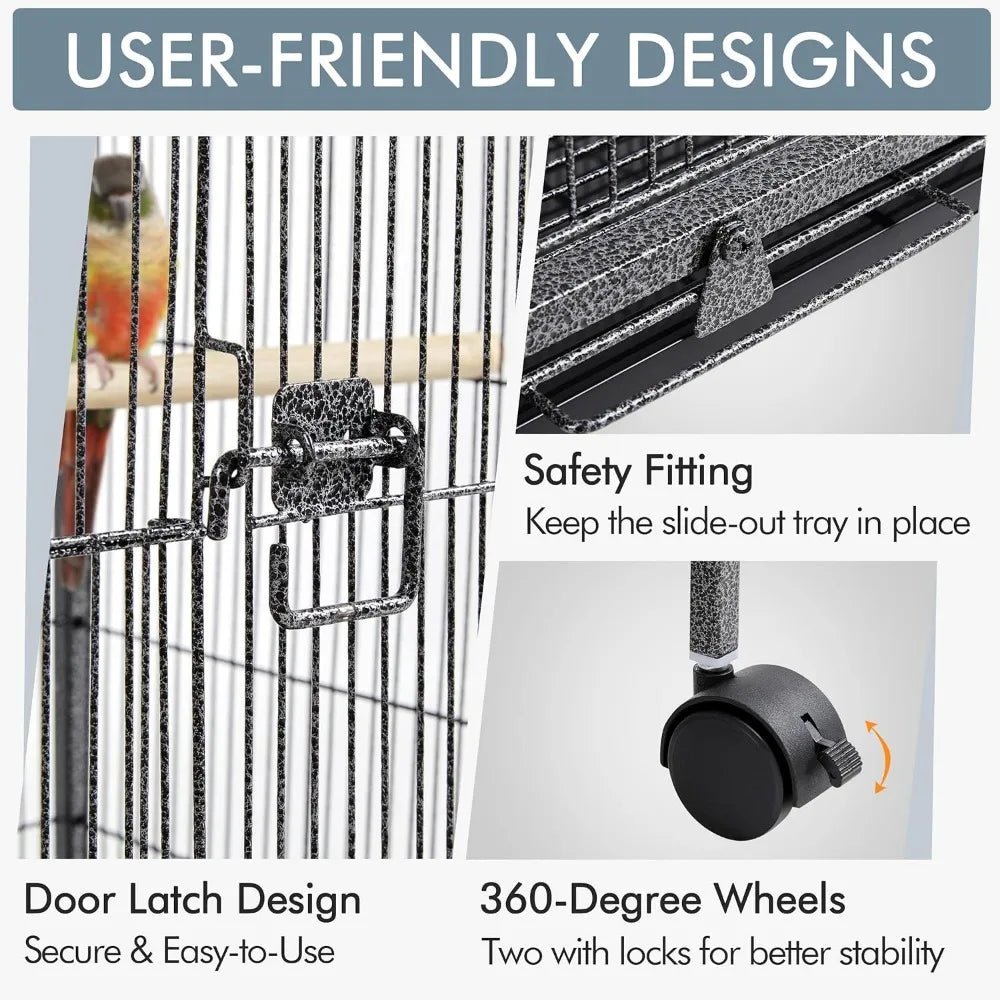 Metal 52" Large Rolling Bird Cage with 3 Perches and 4 Feeders, Black