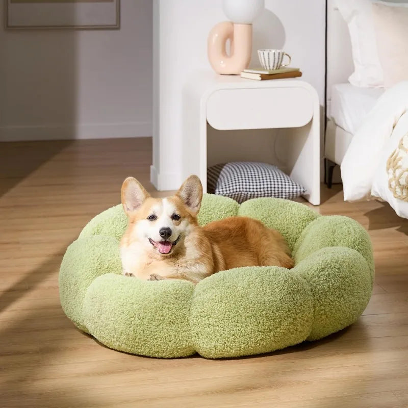 Calming Large Dog Bed - Flower Donut Round Fluffy Puppy Bed in Plush Teddy Sherpa, Non-Slip Cute Flower Dog Beds
