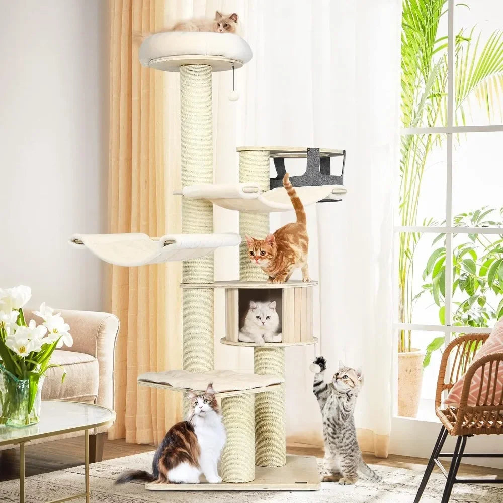 Large Cat Tree, Multi-Level Tall Cat Tower with Sisal Scratching Posts, Removable Washable Cushions, Modern Wood Cat Tree