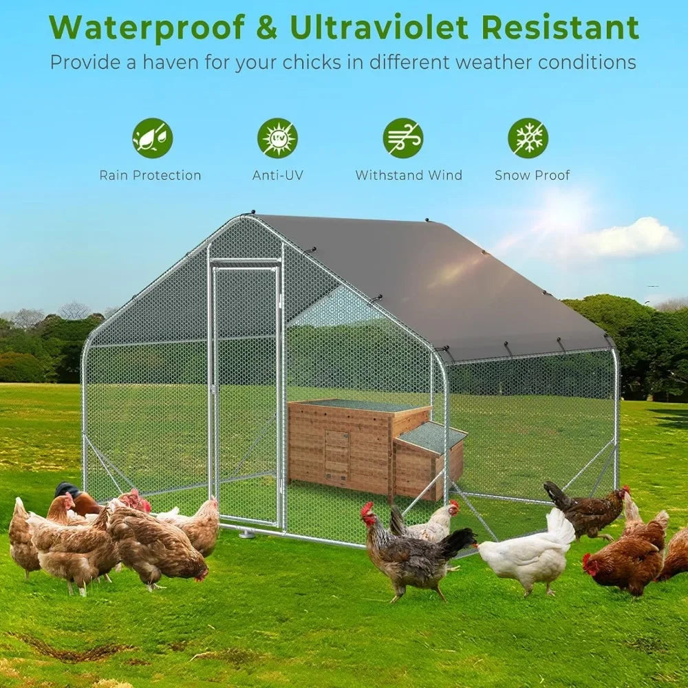 10x6FT Metal Chicken Coop with Hen House & Feed Bucket, Walk-in Poultry Cage Chicken Runs with Roof Cover .