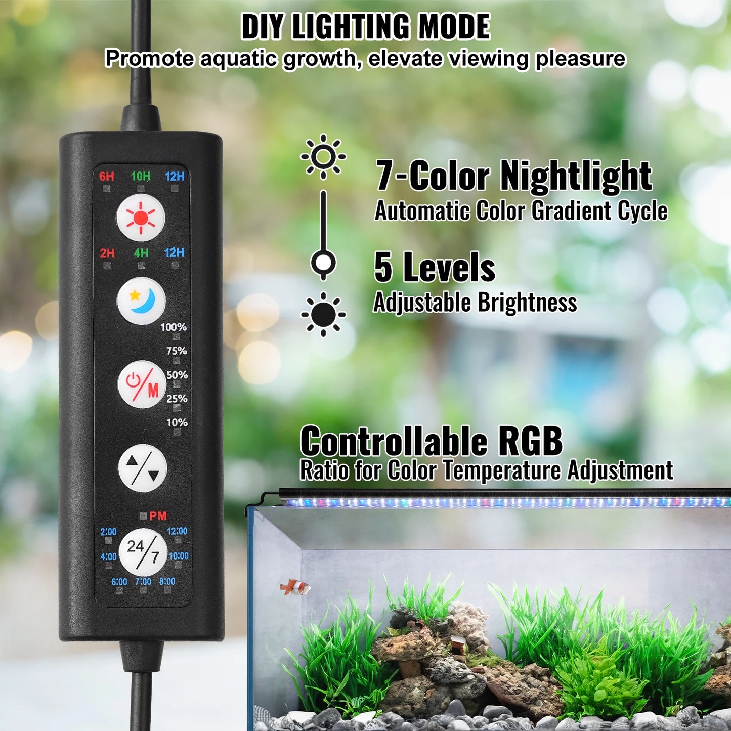 Full Spectrum Fish Tank Light with Natural Mode Adjustable Timer & 5-Level Brightness with Extendable Brackets