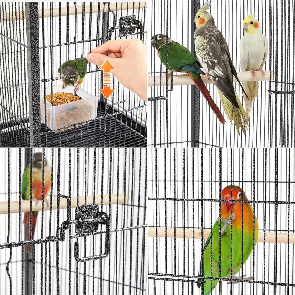 Metal 52" Large Rolling Bird Cage with 3 Perches and 4 Feeders, Black
