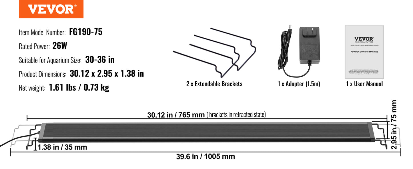Full Spectrum Fish Tank Light with Natural Mode Adjustable Timer & 5-Level Brightness with Extendable Brackets