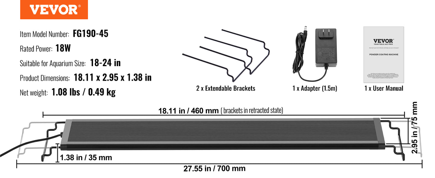 Full Spectrum Fish Tank Light with Natural Mode Adjustable Timer & 5-Level Brightness with Extendable Brackets