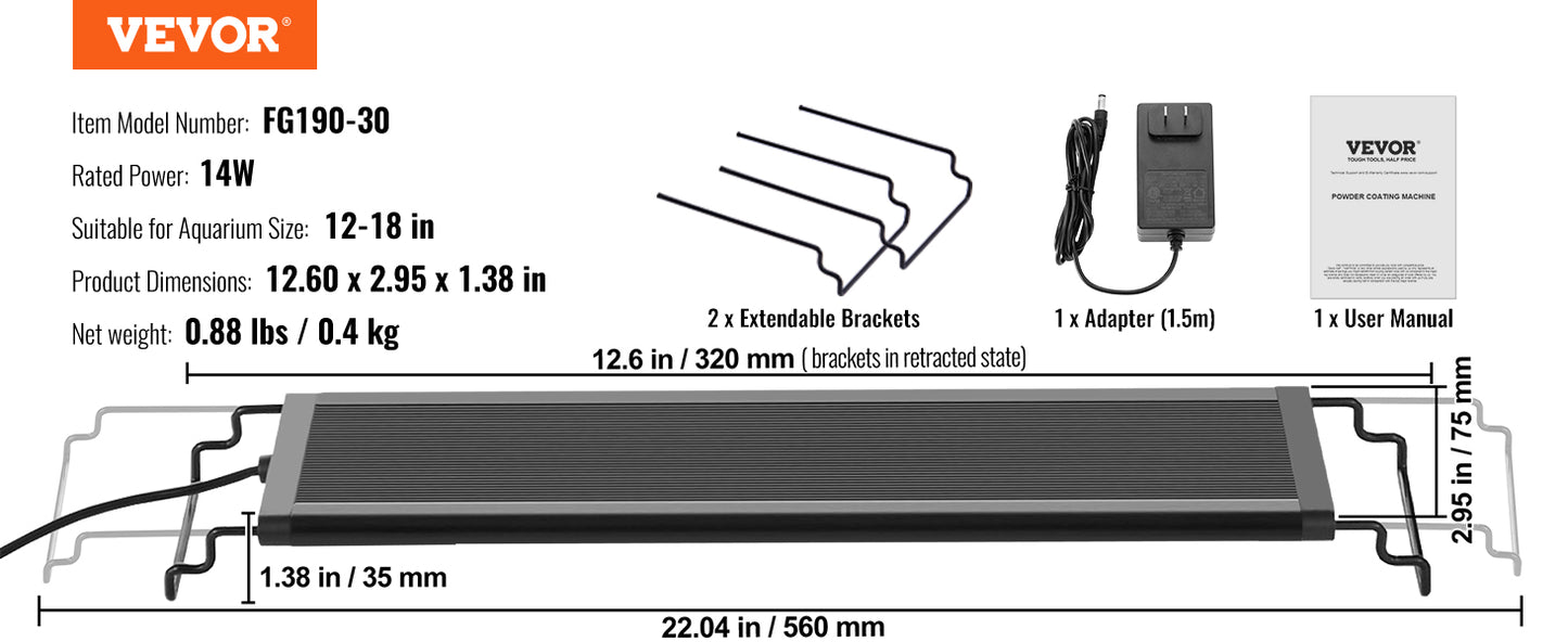 Full Spectrum Fish Tank Light with Natural Mode Adjustable Timer & 5-Level Brightness with Extendable Brackets