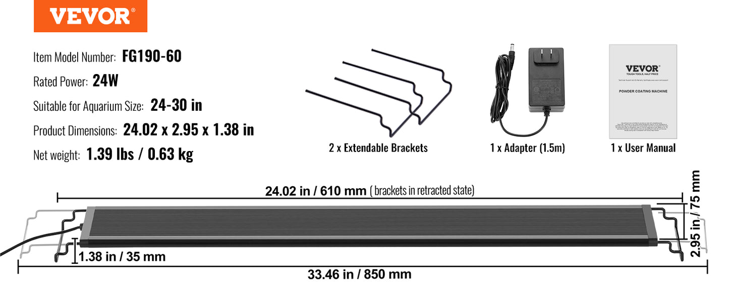 Full Spectrum Fish Tank Light with Natural Mode Adjustable Timer & 5-Level Brightness with Extendable Brackets