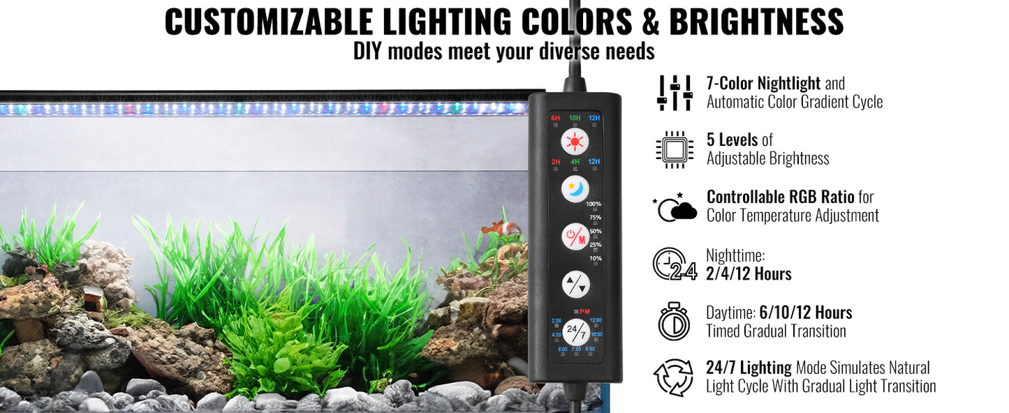 Full Spectrum Fish Tank Light with Natural Mode Adjustable Timer & 5-Level Brightness with Extendable Brackets
