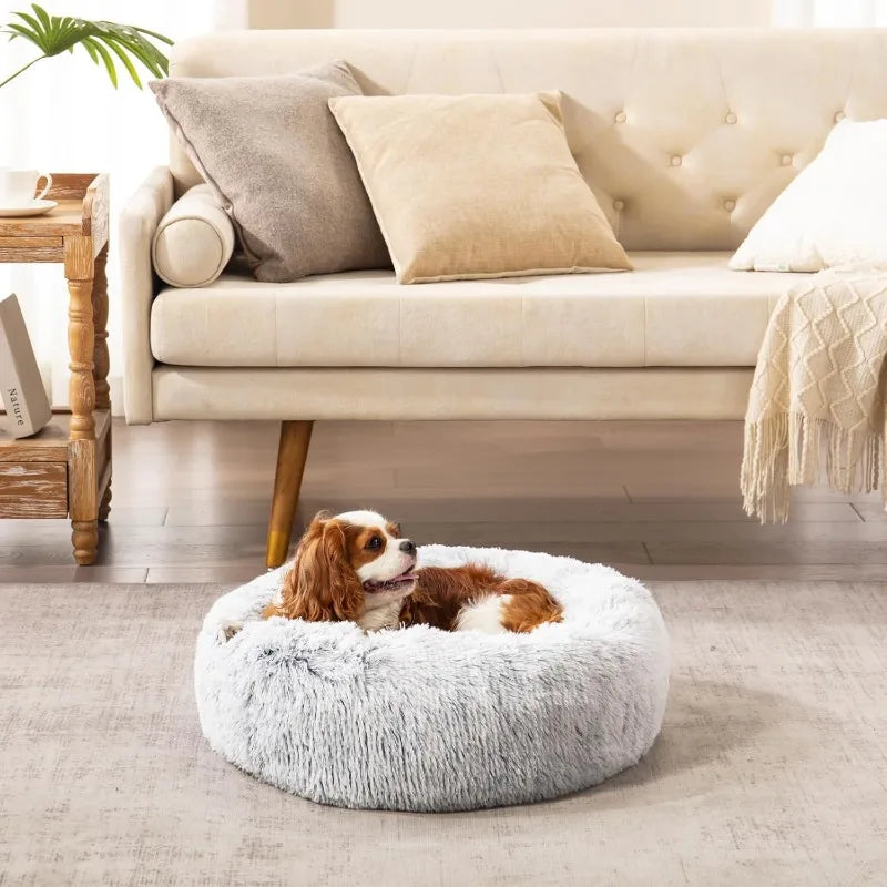 Calming Dog Bed for Small Medium Dogs, Donut Cuddler Cat Bed, Anxiety Relieving Pet Bed, Fluffy & Cozy with Self-Warming