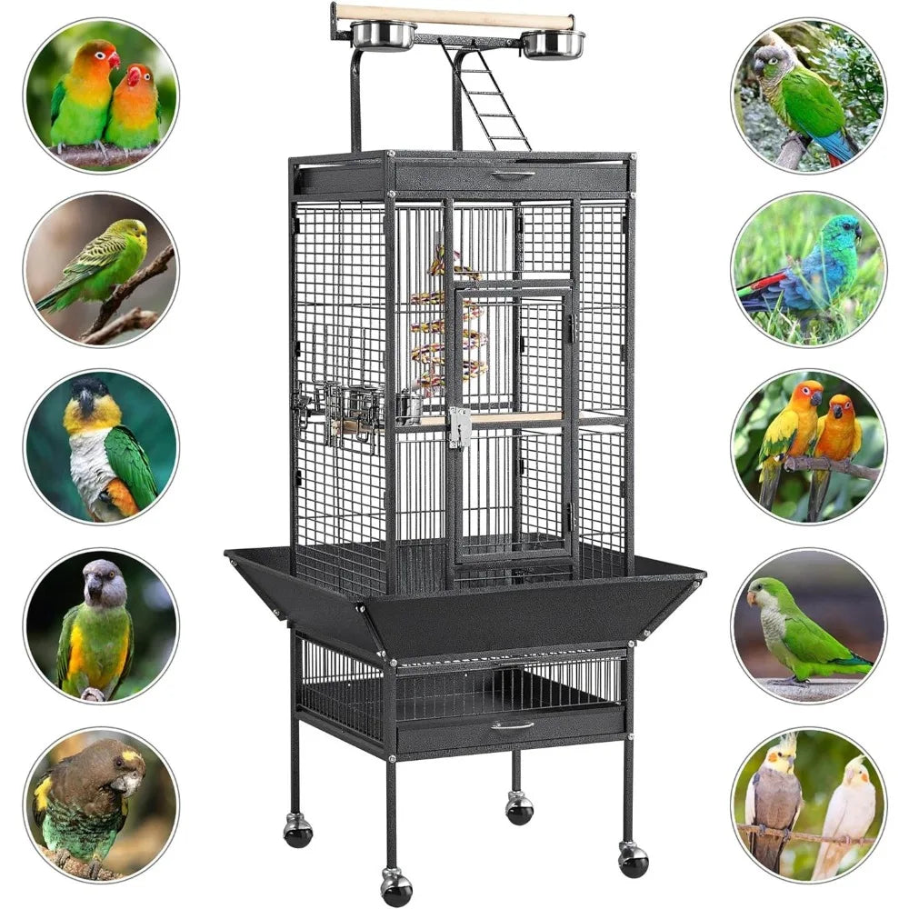 61-inch Playtop Wrought Iron Large Parrot Bird Cages with Rolling Stand