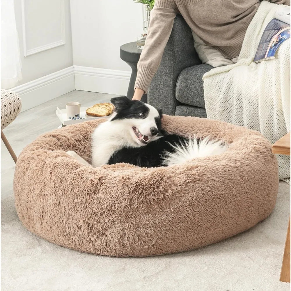 Calming Dog Bed for Large Dogs - Donut Washable Large Pet Bed, 36 inches Anti Anxiety Round Fluffy Plush Faux Fur Dog Bed