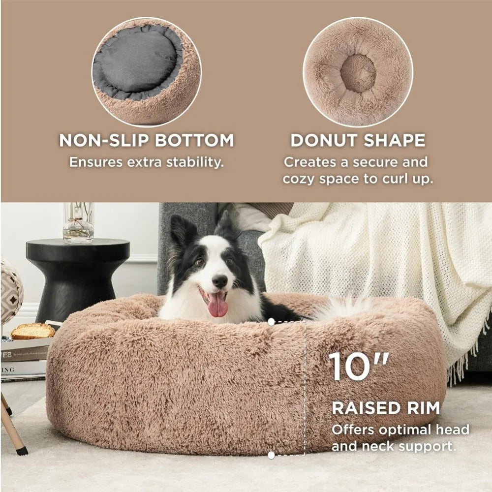 Calming Dog Bed for Large Dogs - Donut Washable Large Pet Bed, 36 inches Anti Anxiety Round Fluffy Plush Faux Fur Dog Bed