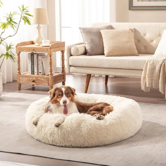 Calming Dog Bed for Small Medium Dogs, Donut Cuddler Cat Bed, Anxiety Relieving Pet Bed, Fluffy & Cozy with Self-Warming