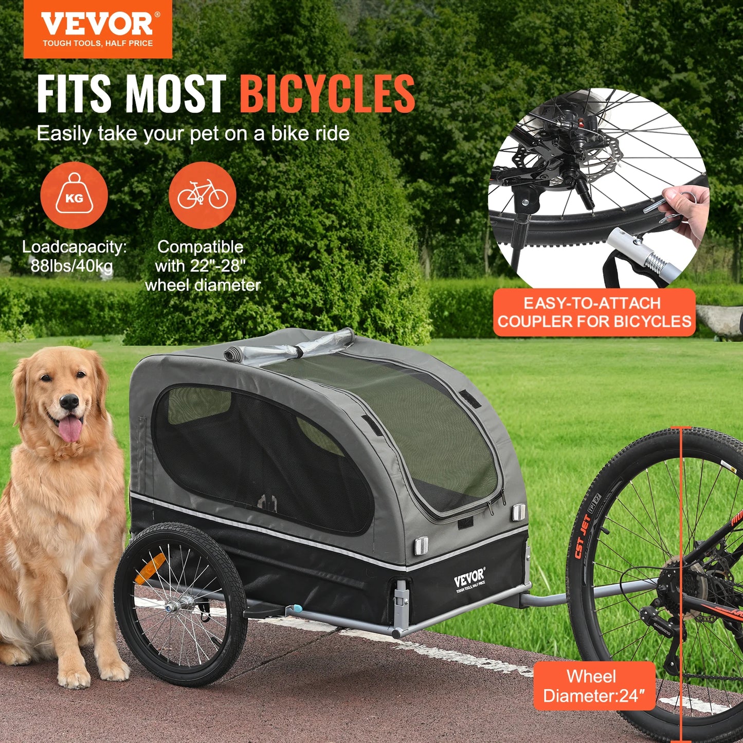 Collapsible 88 lbs Dog Bike Trailer with Wheels, Coupler, Reflectors and Flag