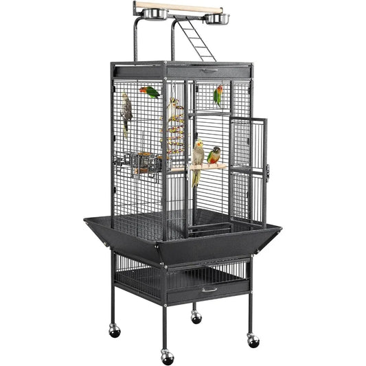 61-inch Playtop Wrought Iron Large Parrot Bird Cages with Rolling Stand