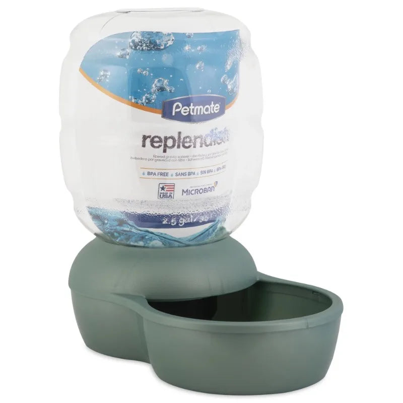 Replendish Gravity Pet Waterer with Microban for Cats and Dogs 2.5 Gallons Green Automatic Water Bowl Keep It Fresh Easy to fill