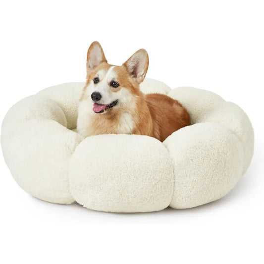 Calming Large Dog Bed - Flower Donut Round Fluffy Puppy Bed in Plush Teddy Sherpa, Non-Slip Cute Flower Dog Beds