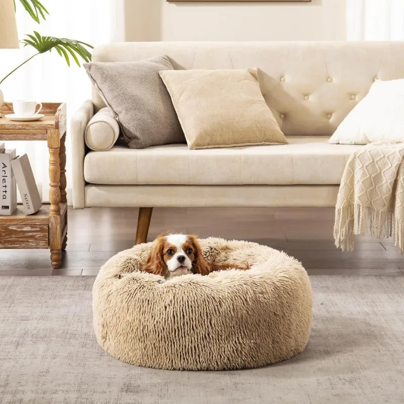 Calming Dog Bed for Small Medium Dogs, Donut Cuddler Cat Bed, Anxiety Relieving Pet Bed, Fluffy & Cozy with Self-Warming