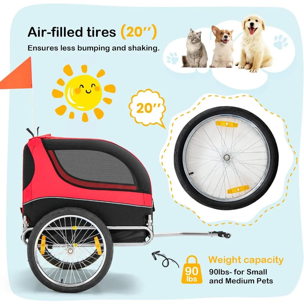 Compact Foldable Pet Bike Trailer with Easy Connect, Safety Sign, and Storage