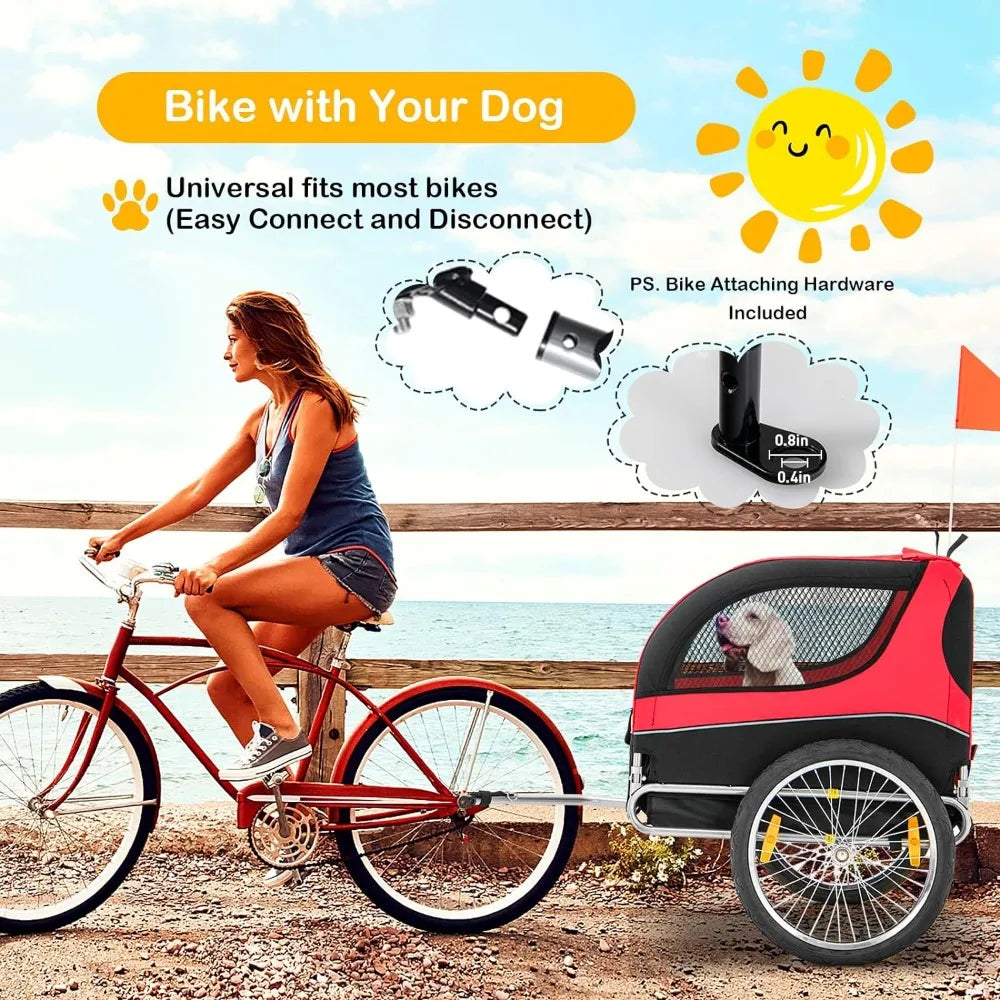 Compact Foldable Pet Bike Trailer with Easy Connect, Safety Sign, and Storage